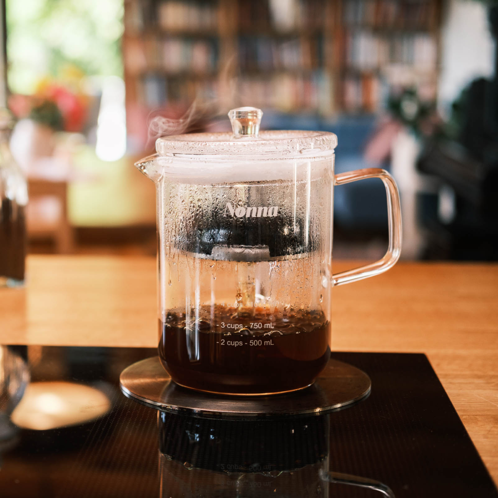 After some coffee has been brewed in the NONNA stovetop glass coffee percolator.